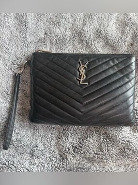 Saint Laurent Black Chevron Quilted Leather Clutch with Silver YSL Logo